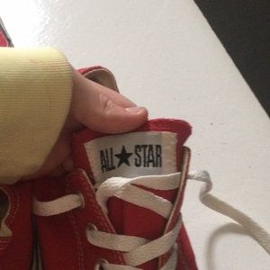 I’m selling red converse. There a women’s 7 and mens 5. There also a low top.